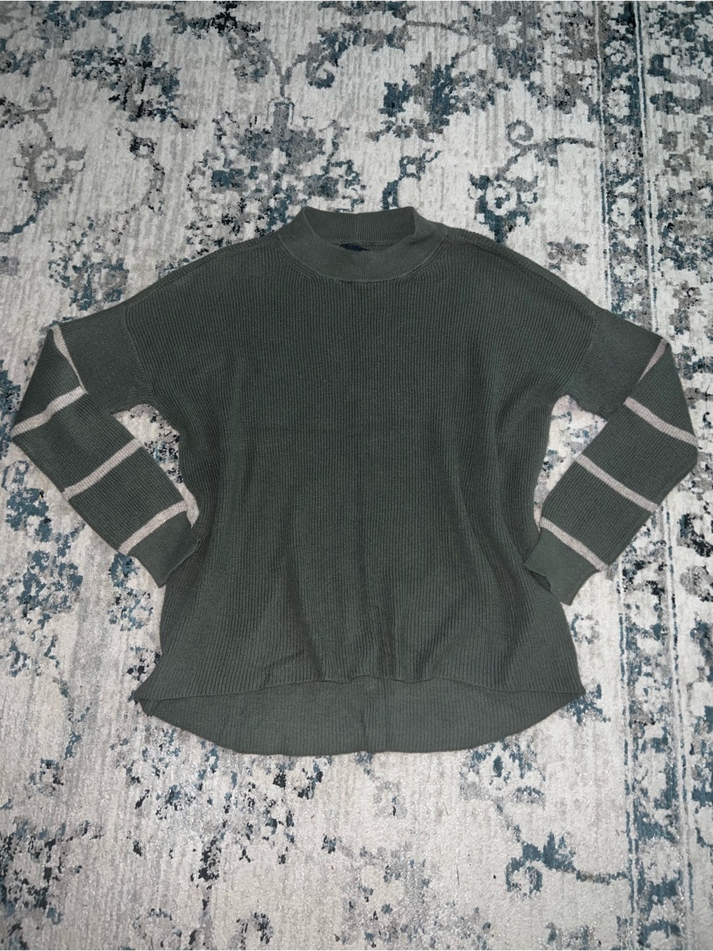 Olive Green Waffle-Knit Sweater with Tan Stripe Sleeves